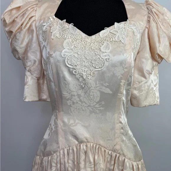 Romantic champagne vintage dress puffy sleeves lace cottagecore tulle - Picture 13 of 16